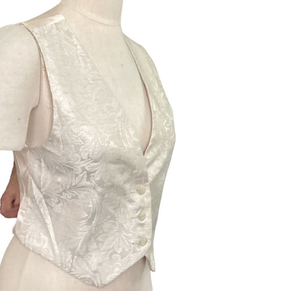 VTG (ILGWU) Liz Claiborne Sz P/Petite Brocade Waistcoat Vest Beige Linen Bl 106J - Picture 2 of 9